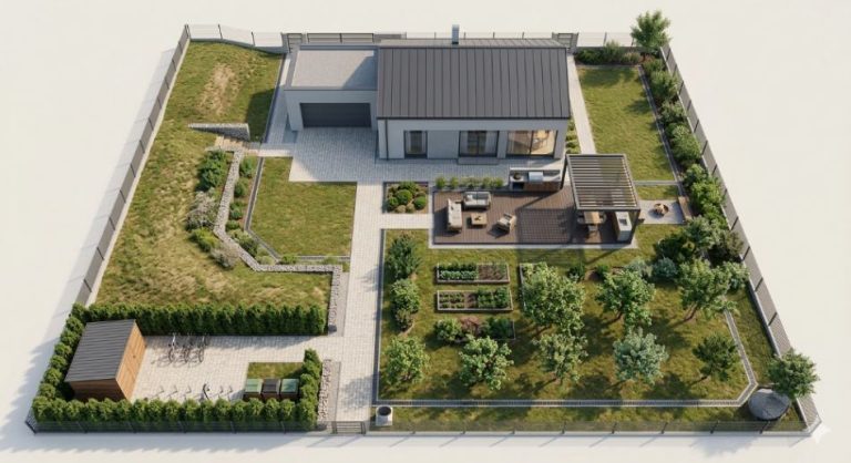 Modern Suburban House and Garden Land Plot Planning & Zoning Layout (Top-Down Aerial View)