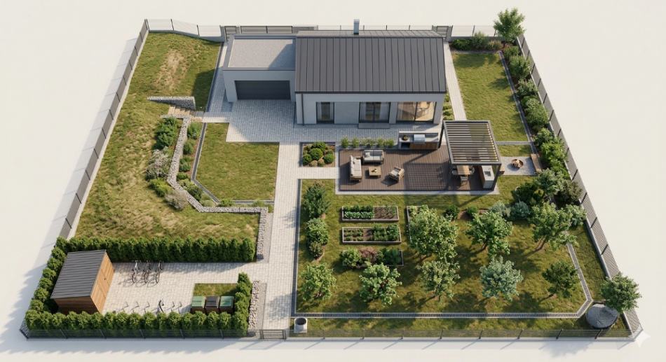 Modern Suburban House and Garden Land Plot Planning & Zoning Layout (Top-Down Aerial View)