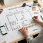 Чоловік креслить план квартири олівцем і лінійкою за столом.